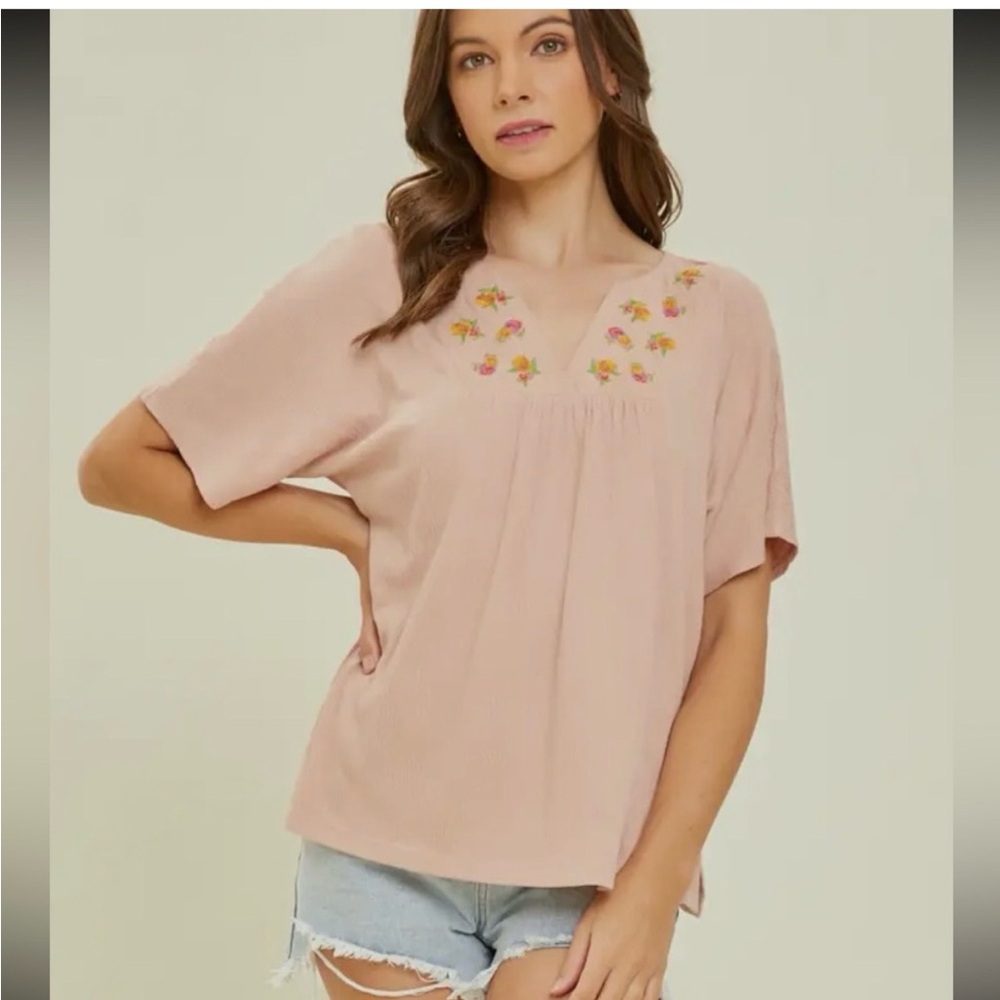 Heyson Embroidered V‑Neck Top - Blush Pink M